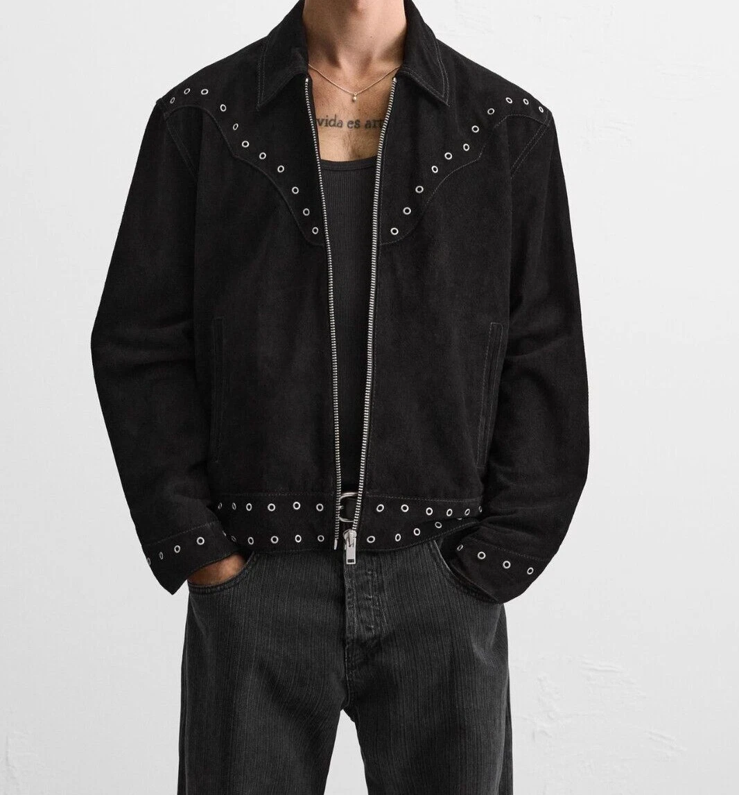 Mens punk Black leather Trucker jacket pure suede slim fit bomber biker jackets