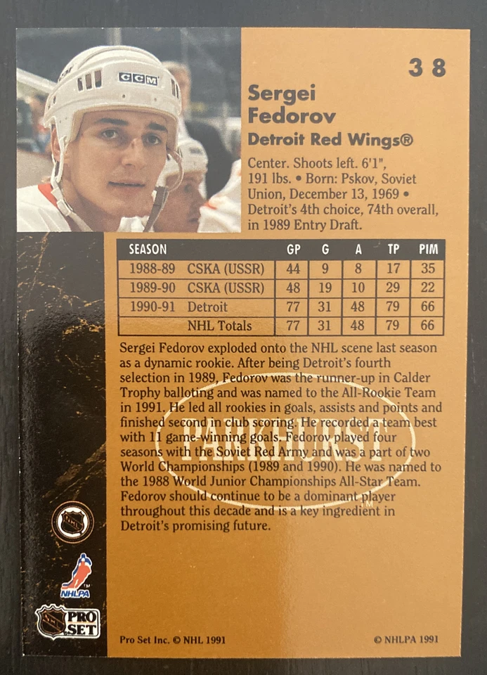 1991-92 Parkhurst Red Wings Hockey Card #38 Sergei Fedorov - Image 2 of 2