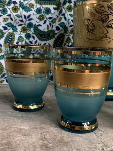 Bohemian Aqua Blue Glass Gold Ringed Floral Decanter 5 Glasses Czechoslovakia - Picture 4 of 9