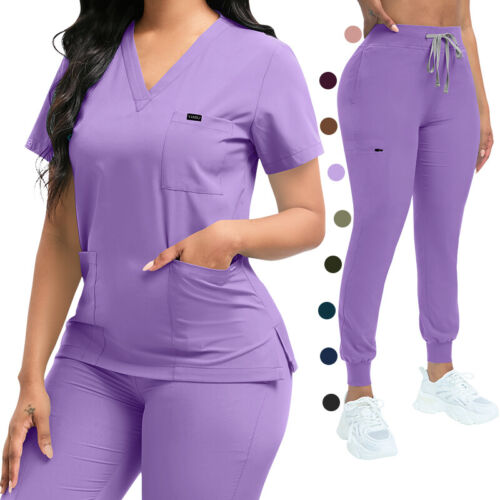 Unisex Stretch Nurse Uniform Medical Scrub Sets Women Men V-Neck Top Jogger Pant - Afbeelding 1 van 55