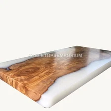Handmade Epoxy White Resin Dining Custom Top Table Acacia Collectible Art Decors