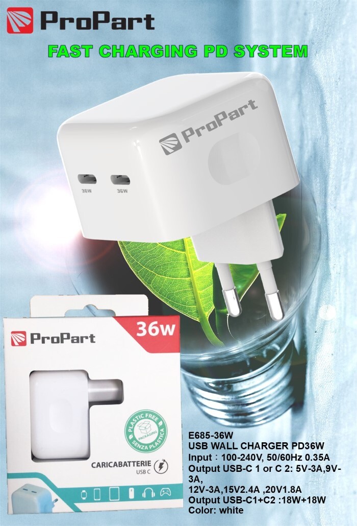 Carica Batterie Caricabatteria 36 Watt 2 Prese USB-C Modello E685-36W