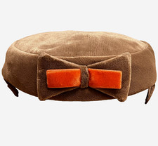 Vintage Velveteen Hat Cap Beret Pillbox Orange Bow Hintons New York Paris