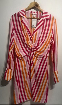 H & M Ladies Size Medium Pink & Orange Striped Long Sleeve Dress - Viscose BNWT