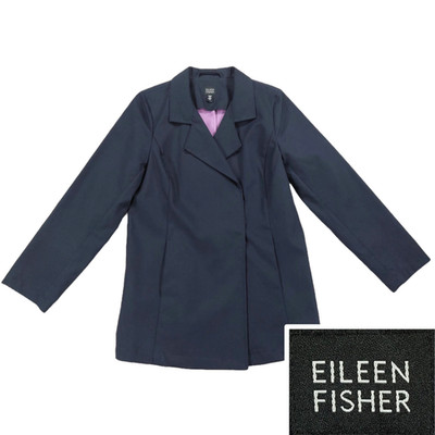 Eileen Fisher Double Breasted Cropped Trench Coat Small Navy Blue Cotton Snap Up