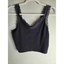 American Eagle Black Ribbed Lace Trim Crop Camisole Tank Top Women Size Medium