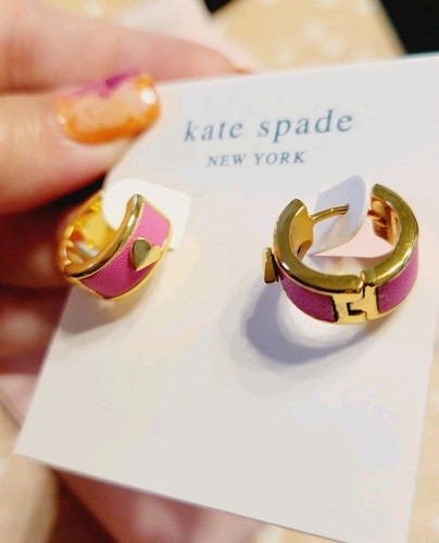 NEW Kate Spade New York Pink And Gold Huggie Earrings With Gold Raised Hearts