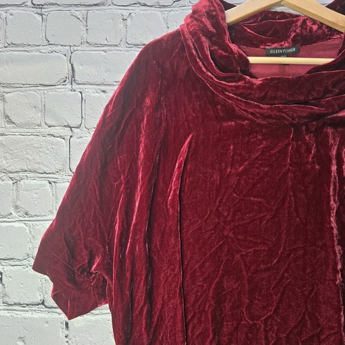 Eileen Fisher Crushed Red Velvet Mock Neck Short Sleeve Silk Blend Top Small - Picture 3 of 9