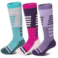 Kids Merino Wool Ski Socks 3 Pairs Boys Girls 8-12 Years Purple/Green/Rose Red