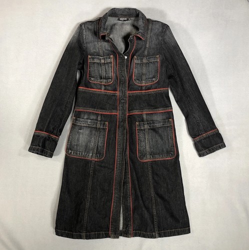 DKNY, Vintage DKNY Black Jean Jacket Dress Sz 10 Red Piping Snap Front Coat Y2K