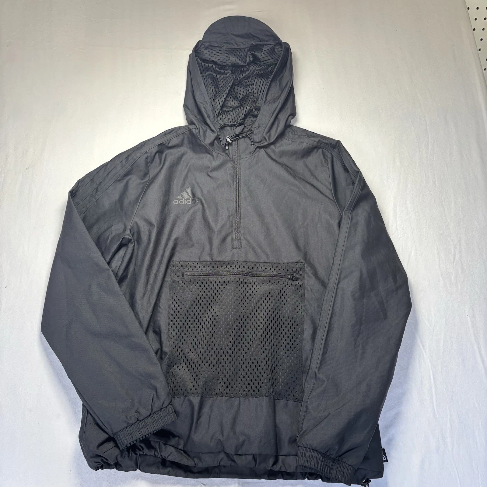Adidas Jacket Mens M Black Hooded 1/4 Zip Mesh Pocket Anorak Windbreaker Ripstop