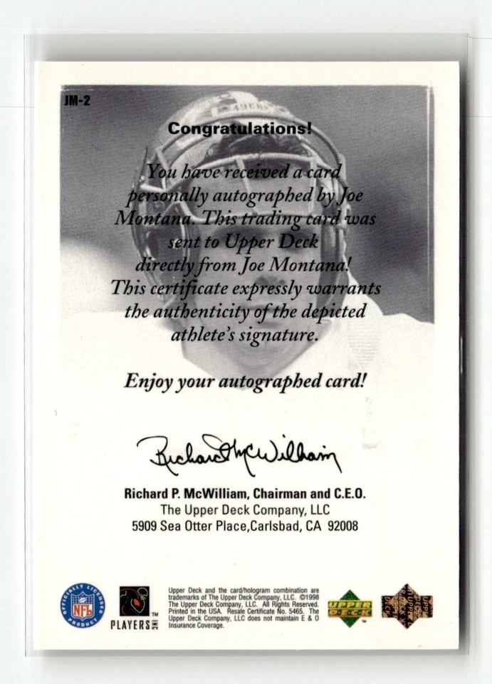UD Authentics 1998 - Joe Montana #JM-2 automático Foto 2 de 2
