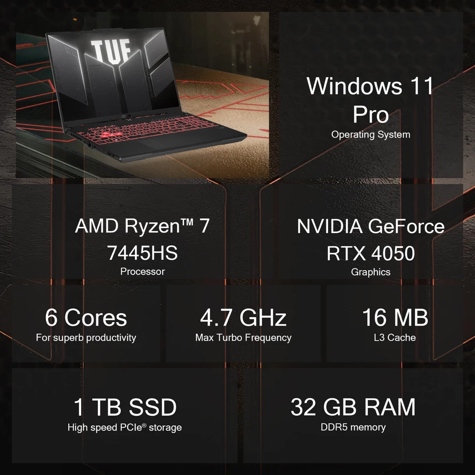 2025 ASUS TUF Gaming A16 Laptop Ryzen 7 RTX 4050 32GB RAM 1TB SSD Pro Office2024 - Image 3 of 4