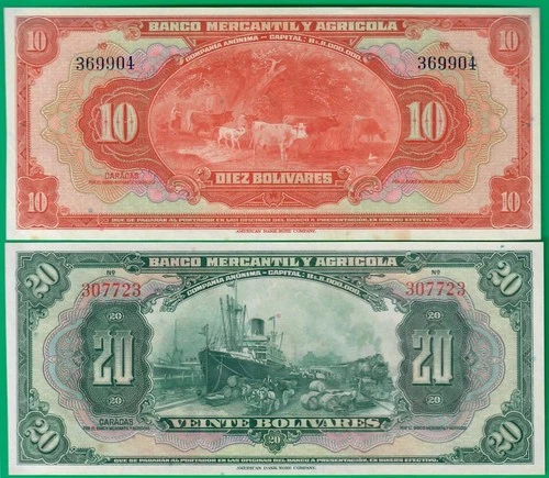 Venezuela Banco Mercantil Y Agricola remainders S231 & S232, UNC- w/ some foxing