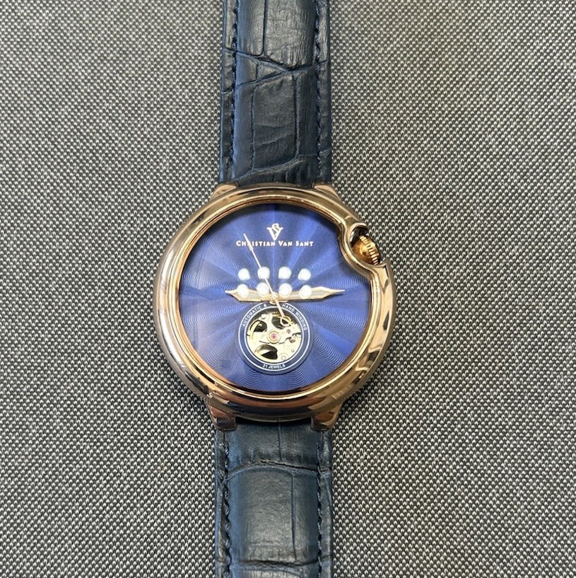 Nuevo Christian Van Sant automático esfera azul, caja dorada, correa de cuero azul