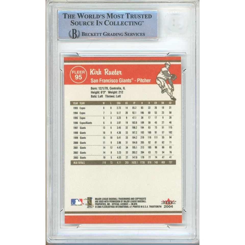 Kirk Rueter Signed 2004 Fleer Tradition #95 Card AUTO Beckett Slabbed SF Giants - Image 2 of 4