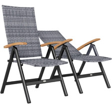 2 Pieces Folding Rattan Garden Dining Chairs Wood Armrests Seat Light Grey New