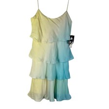 Nine West Womens Dress 14 NWT Green Yellow Silk Spaghetti Straps Tiered Ruffles