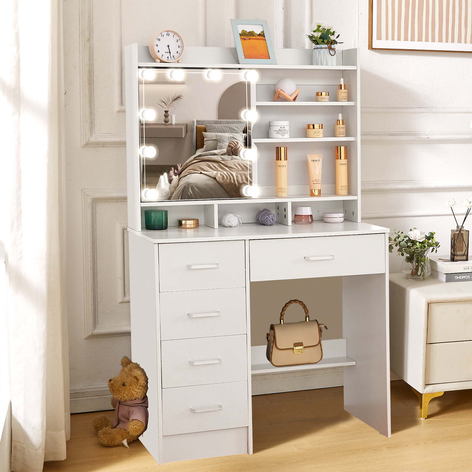 Vanity Table 10 LED Lights Makeup Dressing Desk Set 5 Drawers Bedroom Vanities