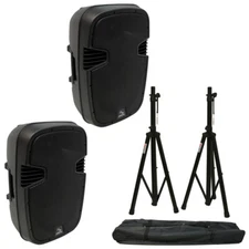 (2) Harmony Audio HA-L15BA Pro DJ Bluetooth 15" 1200W Powered PA Speaker Stands