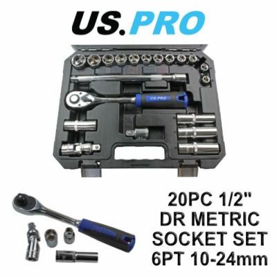 US PRO Tools 20 Stück 1/2'' DR metrisch Steckschlüsselsatz 6PT 10 - 24 mm 3271