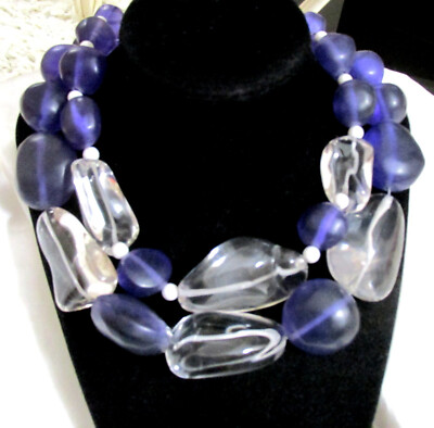 VTG RUNWAY BOLD 280g NAPIER BLUE BEAD GLASS ICE ''CRYSTAL'' DOUBLE STRAND NECKLACE