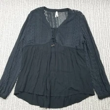 ROPER Lace Boho Peasant Long Sleeve Top Shirt - XL Black Bow