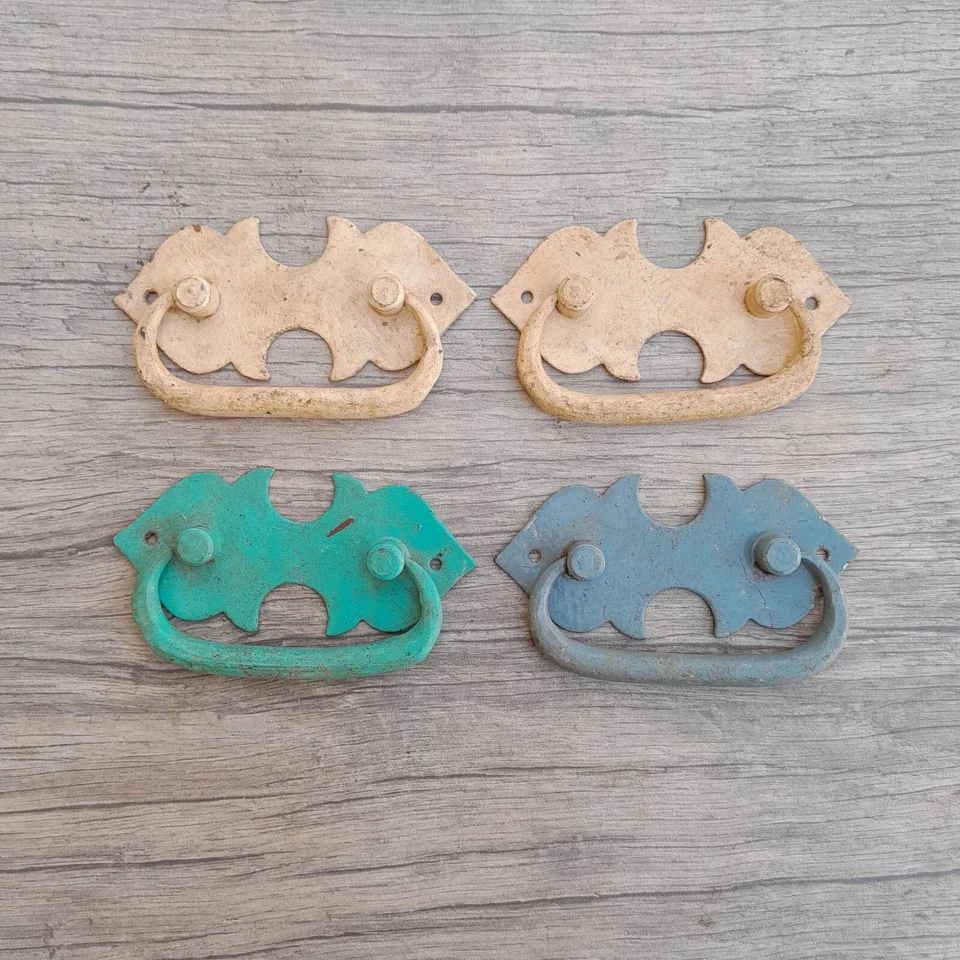 4p vtg iron handforged enamel paint drawer chest drop lifting handle back plate - Image 2 of 4