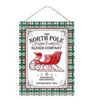 North Pole Sleigh Company Christmas Sign - 15.75" x 11.75", Green Plaid Border