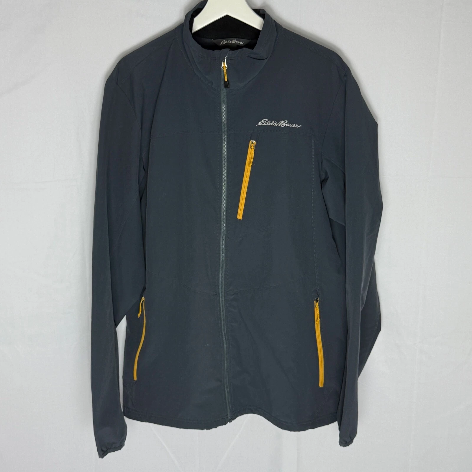 Eddie Bauer Windbreaker Jacket Dark Blue Gray w/ Yellow Trim Mens Size TL Large