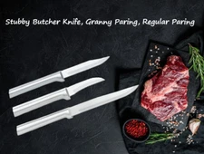 Rada 3 Pc Set Stubby Butcher Knife, Granny, & Regular Paring (Silver Handle)