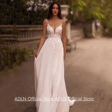 Sexy Beach Wedding Dress Boho Bridal Gown Straps V Neck Sequined AppliqueChiffon