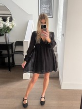 Zara Dress Size S Black Long Sleeve V-Neck Embroidered Crinkle Gathered Babydoll