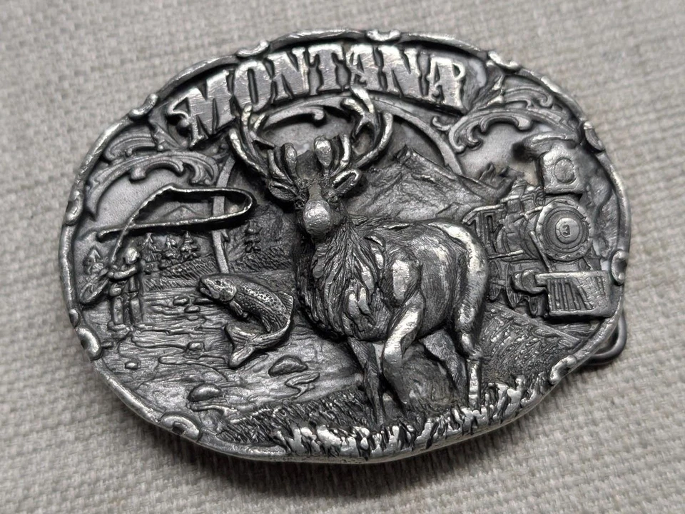 vintage USA made WESTERN state of MONTANA belt buckle ELK siskiyou PEWTER cowboy - Image 2 of 4