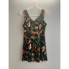 Floral V-Neck Black Summer Dress with Orange & Green Print