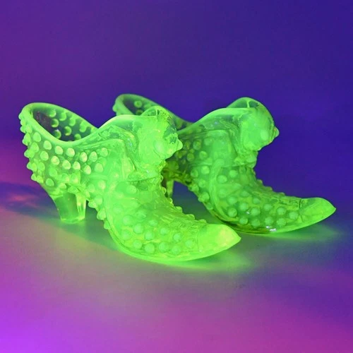 2 Fenton Uranium Glass Cat Head Topaz Hobnail Opalescent Shoe Slipper Glows VTG