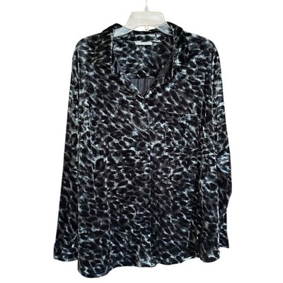 Belle Kim Gravel Velvet Leopard Print Button Up Top XL Black Gray Side Pockets