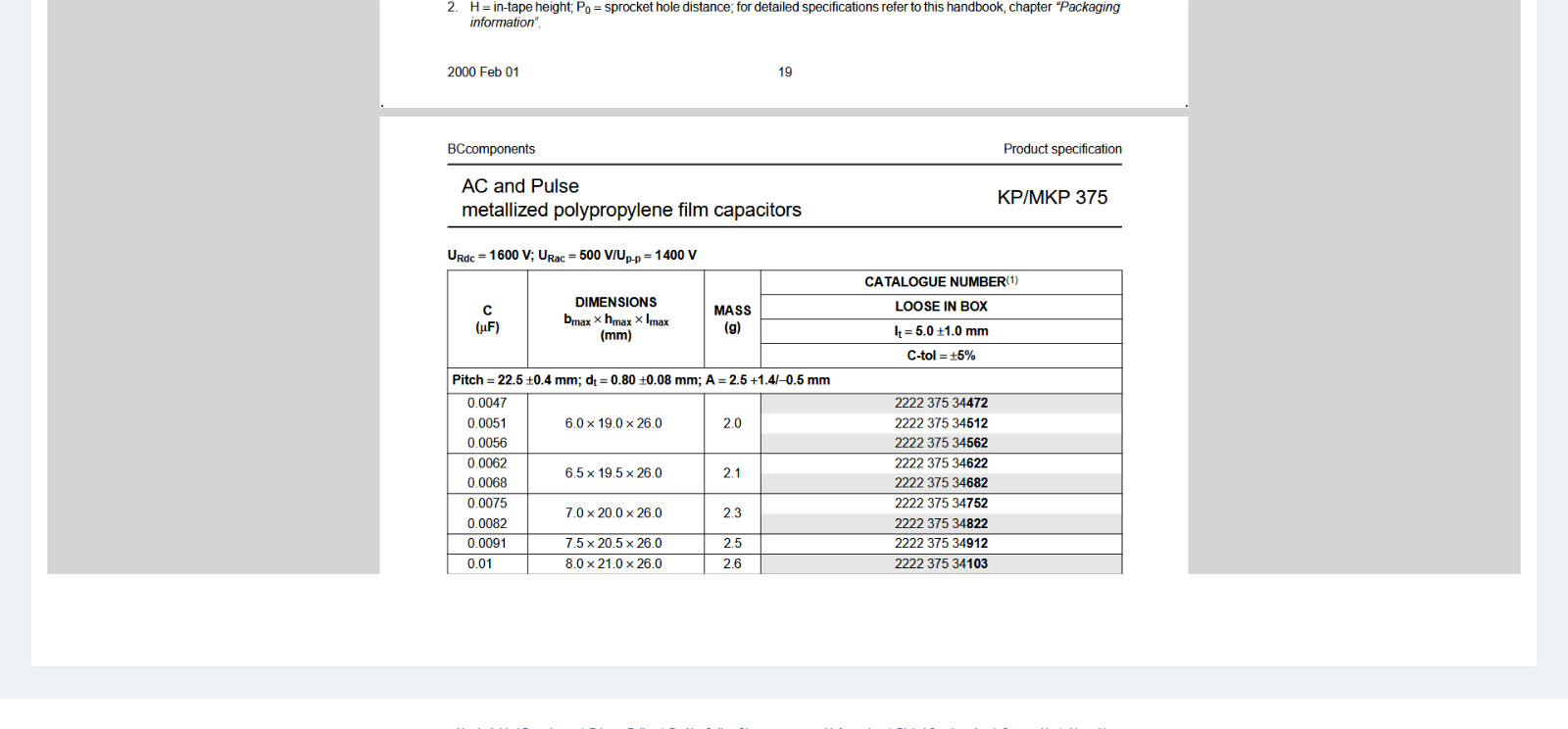 QTY (500) .01uf 1600V 5% METALLIZED POLYPROPYLENE 2222-375-90154 BC COMP ROHS
