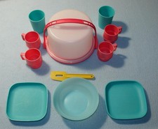 13 PC Vintage Tupperware Kids DISH SET Cake Holder Mugs Cups Trays Spatula EUC