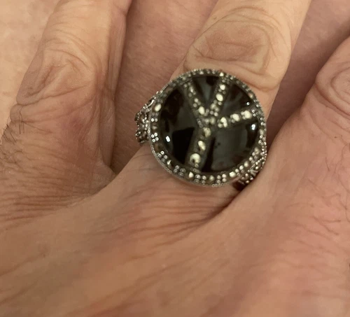 Vintage Black Onyx Crystal Peace Sign Marcasite Sterling Silver Ring Size 6