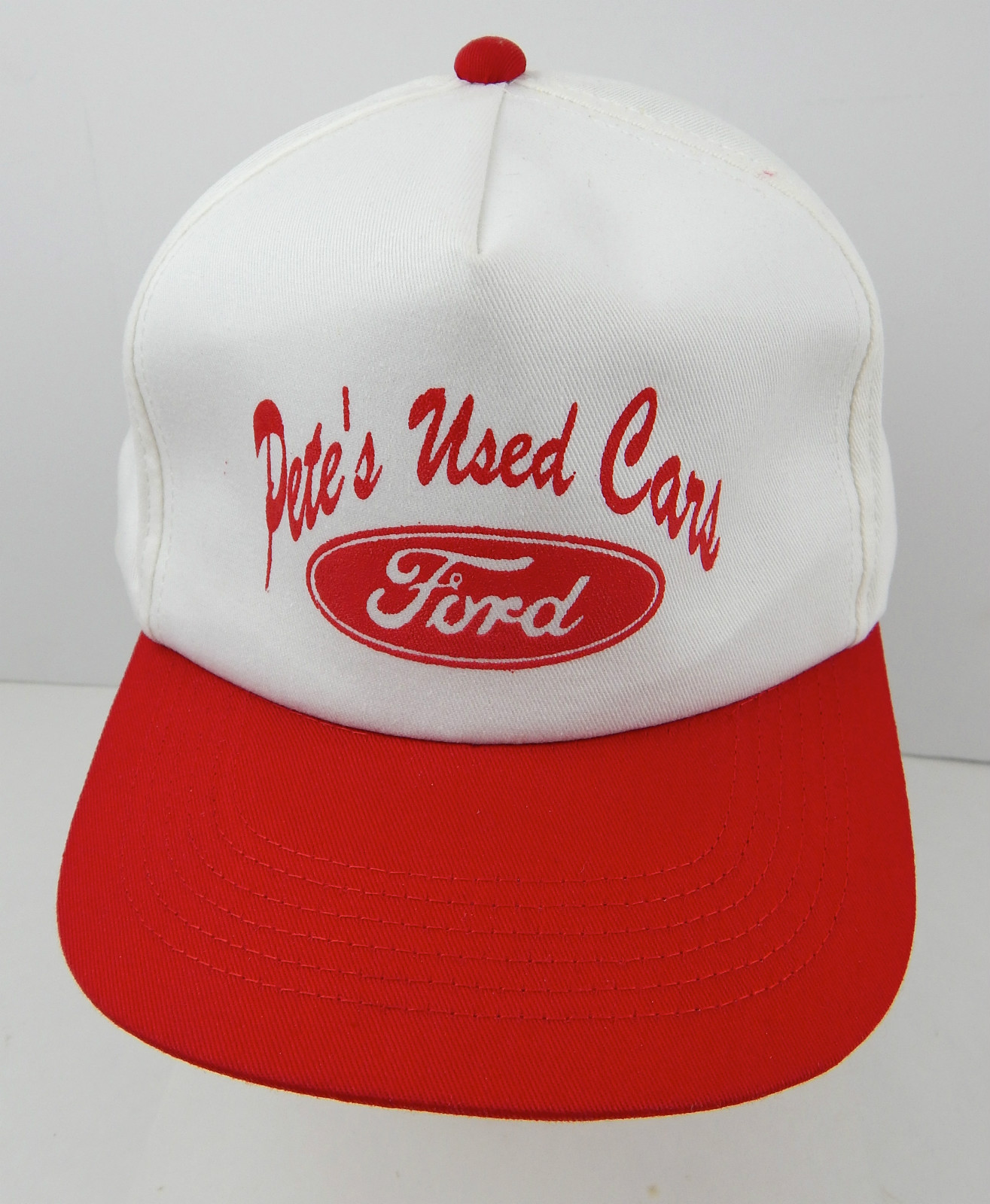 VINTAGE FORD "PETE'S USED CARS" RED & WHITE HAT, OLD SCHOOL, HIPSTER