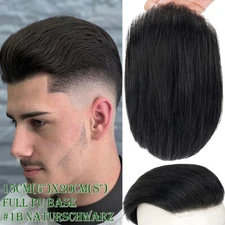 Mens Human Hair Replacement System Thin PU Toupee Hairpieces Slicked-back Wigs