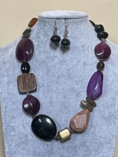 Multi Purple Brown Lucite  Wooden Bead Necklace Earring Set