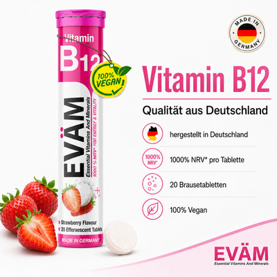 EVÄM Vitamin B12 Brausetabletten 25 µg   Erdbeergeschmack, 1000% NRV, vegan, DE