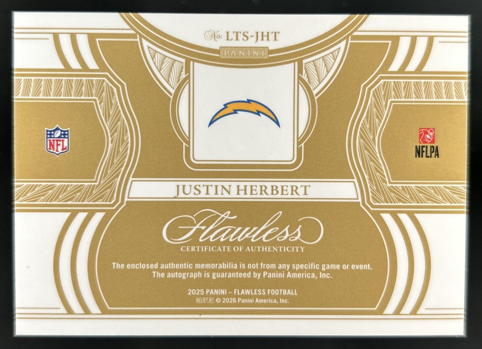 2025 Panini Flawless Justin Herbert Symbolic Signatures Nike Patch Auto #/2 view 2