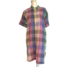 Gap Womens Shirt Dress Linen Size Small Checkered Relaxed Pastels Summer Beach