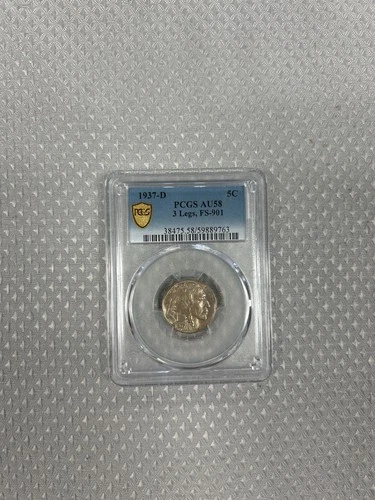 1937-D 5c Pcgs AU 58 3 Legs, FS-901