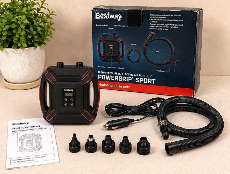 Bestway Powergrip Sport 12V Inflator Digital PSI Auto Shut-Off Hose + 5 Adapters