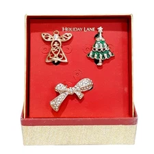 Macy's Holiday Lane Christmas Tree Angel Bow Pin Set SEE DESCRIPTION