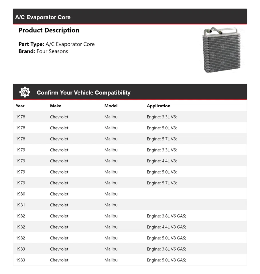 Núcleo evaporador aire acondicionado Chevrolet Malibu 1978-1983 4 estaciones 1979 1980 1981 1982 Foto 2 de 4